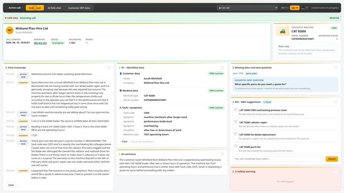 The AI service assistant screen during a call: the transcript on the left, the identified machine model, serial number and fault code in the middle, the next question and suggested searches on the right.